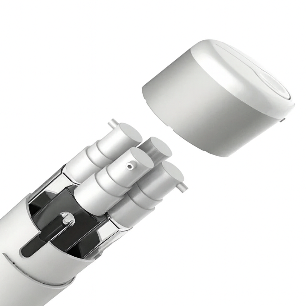 Close-up of a white electronic device with multiple components