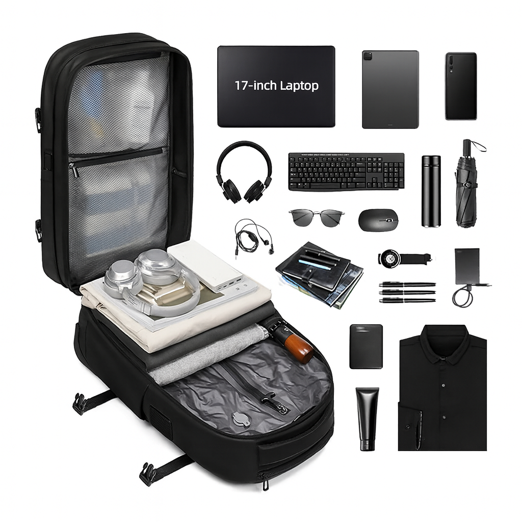 Black backpack with its contents including a laptop, keyboard, mouse, and various electronic items on a white background.