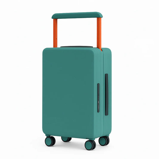 Teal suitcase with orange handle on a white background