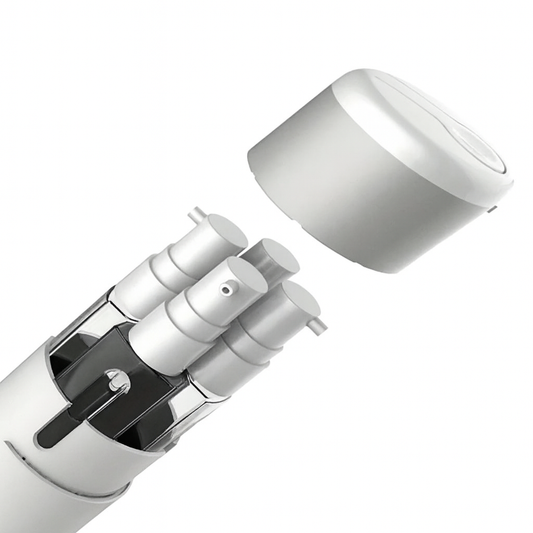 Close-up of a white electronic device with multiple components 